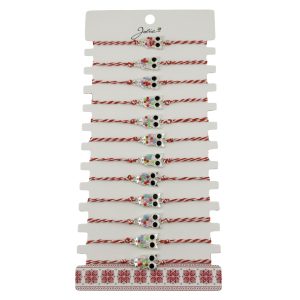Bratara Martisor pentru Dama, Jolie, Model Bufnita, Set 12 bucati, Pandativ Argintiu din Inox cu Elemente Multicolore, Snur Alb/Rosu