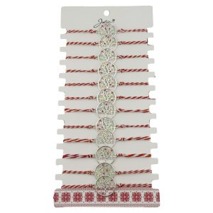 Bratara Martisor pentru Dama, Jolie, Model Copac Multicolor, Set 12 bucati, Pandativ Argintiu din Inox cu Elemente Multicolore, Snur Alb/Rosu