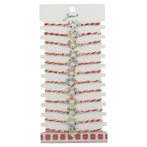 Bratara Martisor pentru Dama, Jolie, Model Inima Multicolora, Set 12 bucati, Pandativ Argintiu din Inox cu Elemente Multicolore, Snur Alb/Rosu