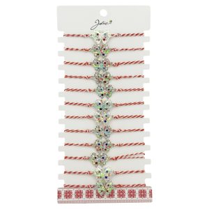Bratara Martisor pentru Dama, Jolie, Model Fluture Multicolor, Set 12 bucati, Pandativ Argintiu din Inox cu Elemente Multicolore, Snur Alb/Rosu