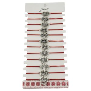 Bratara Martisor pentru Dama, Jolie, Model Copac in Inima, Set 12 bucati, Pandativ Argintiu din Inox cu Snur Rosu Ajustabil