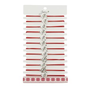Martisor Bratara Elastica cu Pandantiv din Inox, Jolie, pentru Dama, Set 12 bucati, Snur Rosu Textil, Model Inima Love