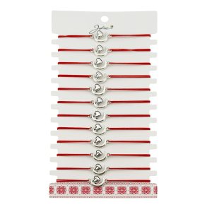 Martisor Bratara Elastica cu Pandantiv din Inox, Jolie, pentru Dama, Set 12 bucati, Snur Rosu Textil, Model Inima Luna