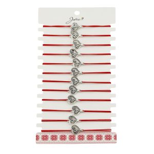 Martisor Bratara Elastica cu Pandantiv din Inox, Jolie, pentru Dama, Set 12 bucati, Snur Rosu Textil, Model Inima Eleganta