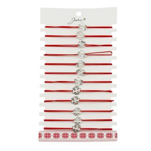 Martisor Bratara Elastica cu Pandantiv din Inox, Jolie, pentru Dama, Set 12 bucati, Snur Rosu Textil, Model Trifoi cu Patru Foi