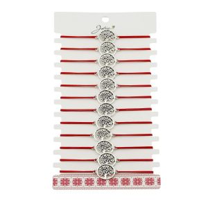 Martisor Bratara Elastica cu Pandantiv din Inox, Jolie, pentru Dama, Set 12 bucati, Snur Rosu Textil, Model Pomul Vietii