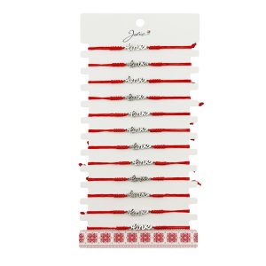 Martisor Bratara Impletita cu Pandantiv din Inox, Jolie, pentru Dama, Set 12 bucati, Snur Rosu Textil, Dimensiune Reglabila, Model Love