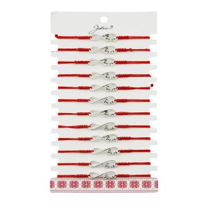 Martisor Bratara Impletita cu Pandantiv din Inox, Jolie, pentru Dama, Set 12 bucati, Snur Rosu Textil, Dimensiune Reglabila, Model Love Infinit