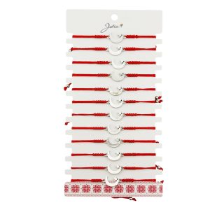 Martisor Bratara Impletita cu Pandantiv din Inox, Jolie, pentru Dama, Set 12 bucati, Snur Rosu Textil, Dimensiune Reglabila, Model Luna Stea