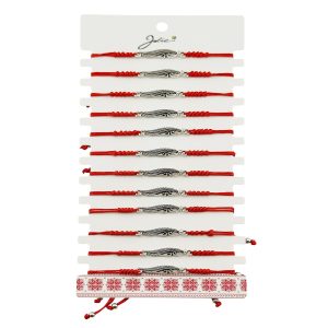 Martisor Bratara Impletita cu Pandantiv din Inox, Jolie, pentru Dama, Set 12 bucati, Snur Rosu Textil, Dimensiune Reglabila, Model Pana