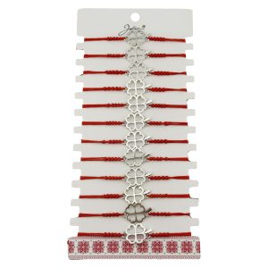Bratara Martisor pentru Dama, Jolie, Model Trifoi in Contur, Set 12 bucati, Pandativ Argintiu din Inox cu Snur Rosu Ajustabil