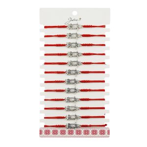 Martisor Bratara Impletita cu Pandantiv din Inox, Jolie, pentru Dama, Set 12 bucati, Snur Rosu Textil, Dimensiune Reglabila, Model Bufnita