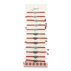 Bratara Martisor pentru Dama, Jolie, Model Inima, Set 12 bucati, Pandativ Argintiu din Inox cu Snur Rosu Ajustabil
