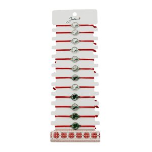 Bratara Martisor pentru Dama, Jolie, Model Trifoi cu Inima, Set 12 bucati, Pandativ Argintiu din Inox cu Snur Rosu Ajustabil