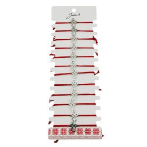 Bratara Martisor pentru Dama, Jolie, Model Inger, Set 12 bucati, Pandativ Argintiu din Inox cu Snur Rosu Ajustabil