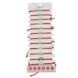 Bratara Martisor pentru Dama, Jolie, Model Semiluna, Set 12 bucati, Pandativ Argintiu din Inox cu Snur Rosu Ajustabil
