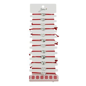 Bratara Martisor pentru Dama, Jolie, Model Inima cu Fluture, Set 12 bucati, Pandativ Argintiu din Inox cu Snur Rosu Ajustabil