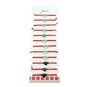 Bratara Martisor pentru Dama, Jolie, Model Inima cu Text Mama, Set 12 bucati, Pandativ Argintiu din Inox cu Snur Rosu Ajustabil