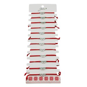 Bratara Martisor pentru Dama, Jolie, Model Doua Inimi, Set 12 bucati, Pandativ Argintiu din Inox cu Snur Rosu Ajustabil