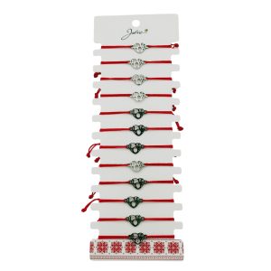 Bratara Martisor pentru Dama, Jolie, Model Inima Love, Set 12 bucati, Pandativ Argintiu din Inox cu Snur Rosu Ajustabil