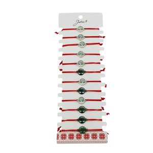Bratara Martisor pentru Dama, Jolie, Model Copac in Cerc, Set 12 bucati, Pandativ Argintiu din Inox cu Snur Rosu Ajustabil