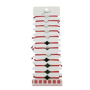 Bratara Martisor pentru Dama, Jolie, Model Trifoi cu 4 Foi, Set 12 bucati, Pandativ Argintiu din Inox cu Snur Rosu Ajustabil
