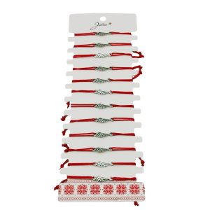 Bratara Martisor pentru Dama, Jolie, Model Aripa, Set 12 bucati, Pandativ Argintiu din Inox cu Snur Rosu Ajustabil