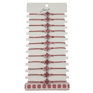 Bratara Martisor pentru Dama, Jolie, Model Trifoi, Set 12 bucati, Pandativ din Aliaj cu Print Traditional, Snur Ajustabil Impletit, Alb/Rosu