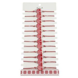 Bratara Martisor pentru Dama, Jolie, Model Rotund cu Copac, Set 12 bucati, Pandativ din Aliaj cu Print Traditional, Snur Ajustabil Impletit, Alb/Rosu