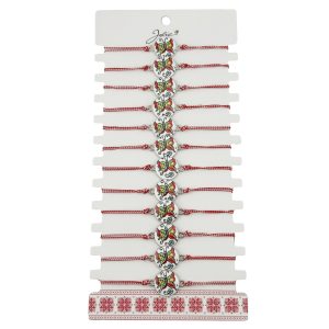 Bratara Martisor pentru Dama, Jolie, Model Fluture, Set 12 bucati, Pandativ din Aliaj cu Print Traditional, Snur Ajustabil Impletit, Alb/Rosu