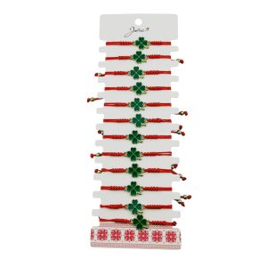 Bratara Martisor pentru Dama, Jolie, Model Trifoi, Set 12 bucati, Pandativ Auriu din Inox cu Snur Rosu Ajustabil