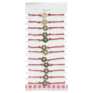 Bratara Martisor pentru Dama, Jolie, Model Inima in Floare, Set 12 bucati, Pandativ Auriu din Inox cu Snur Rosu Ajustabil