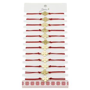 Bratara Martisor pentru Dama, Jolie, Model Trifoi, Set 12 bucati, Pandativ din Inox Auriu, Snur Ajustabil Impletit, Rosu