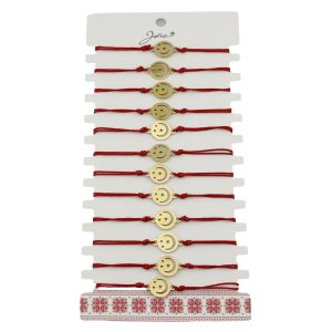 Bratara Martisor pentru Dama, Jolie, Model Luna cu Stele, Set 12 bucati, Pandativ din Inox Auriu, Snur Ajustabil Impletit, Rosu