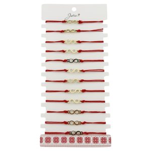 Bratara Martisor pentru Dama, Jolie, Model Infinit, Set 12 bucati, Pandativ din Inox Auriu, Snur Ajustabil Impletit, Rosu