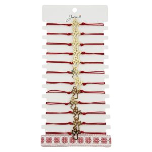 Bratara Martisor pentru Dama, Jolie, Model Ingeras, Set 12 bucati, Pandativ Auriu din Inox cu Snur Rosu Ajustabil