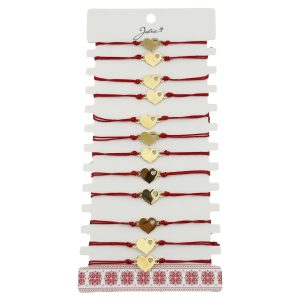 Bratara Martisor pentru Dama, Jolie, Model Inima mica, Set 12 bucati, Pandativ Auriu din Inox cu Snur Rosu Ajustabil