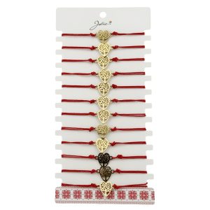 Bratara Martisor pentru Dama, Jolie, Model Copac in Inima, Set 12 bucati, Pandativ din Inox Auriu, Snur Ajustabil Impletit, Rosu