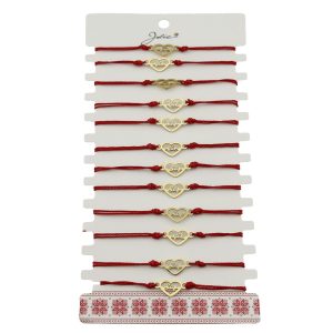 Bratara Martisor pentru Dama, Jolie, Model Inima, Set 12 bucati, Pandativ din Inox Auriu, Snur Ajustabil Impletit, Rosu