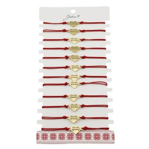 Bratara Martisor pentru Dama, Jolie, Model Inima Mama, Set 12 bucati, Pandativ din Inox Auriu, Snur Ajustabil Impletit, Rosu