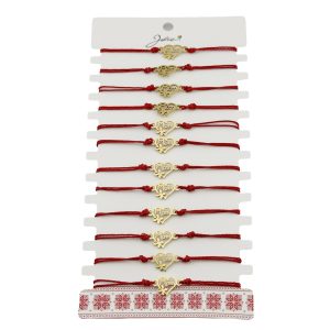 Bratara Martisor pentru Dama, Jolie, Model Inima Mama si Trifoi, Set 12 bucati, Pandativ din Inox Auriu, Snur Ajustabil Impletit, Rosu
