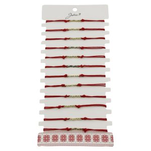 Bratara Martisor pentru Dama, Jolie, Model Mama, Set 12 bucati, Pandativ din Inox Auriu, Snur Ajustabil Impletit, Rosu