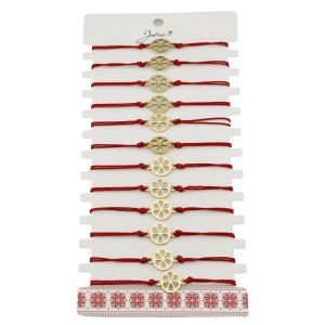 Bratara Martisor pentru Dama, Jolie, Model Floare, Set 12 bucati, Pandativ din Inox Auriu, Snur Ajustabil Impletit, Rosu