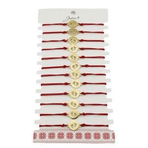 Bratara Martisor pentru Dama, Jolie, Model Picioruse, Set 12 bucati, Pandativ din Inox Auriu, Snur Ajustabil Impletit, Rosu