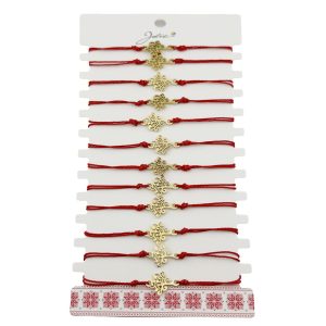 Bratara Martisor pentru Dama, Jolie, Model Copac, Set 12 bucati, Pandativ din Inox Auriu, Snur Ajustabil Impletit, Rosu