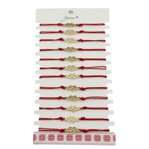 Bratara Martisor pentru Dama, Jolie, Model Infinit in Inima, Set 12 bucati, Pandativ din Inox Auriu, Snur Ajustabil Impletit, Rosu