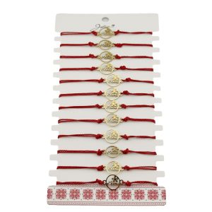 Bratara Martisor pentru Dama, Jolie, Model Mama cu Floare, Set 12 bucati, Pandativ din Inox Auriu, Snur Ajustabil Impletit, Rosu