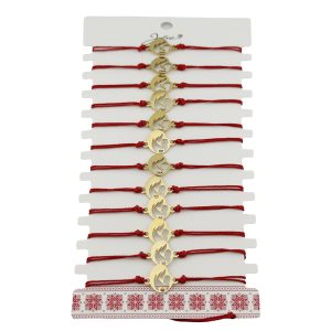 Bratara Martisor pentru Dama, Jolie, Model Mama cu Copil, Set 12 bucati, Pandativ din Inox Auriu, Snur Ajustabil Impletit, Rosu