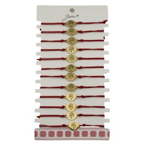 Bratara Martisor pentru Dama, Jolie, Model Copac, Set 12 bucati, Pandativ din Inox Auriu, Snur Ajustabil Impletit, Rosu