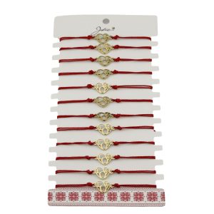 Bratara Martisor pentru Dama, Jolie, Model Love, Set 12 bucati, Pandativ din Inox Auriu, Snur Ajustabil Impletit, Rosu